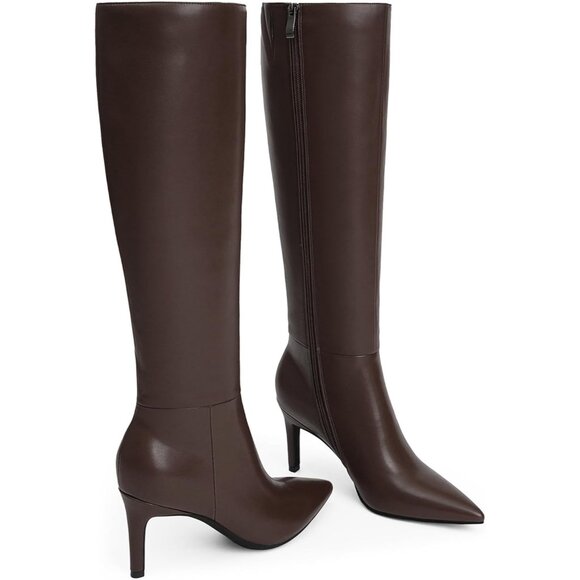 Women Chocolate Faux Leather Pointed Toe Tall Stiletto Heel  Zipper Dress Boot - Picture 3 of 7